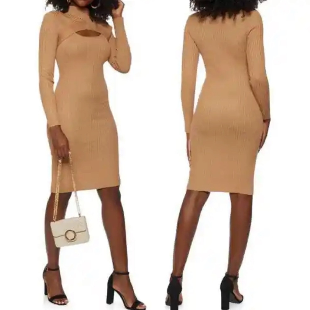 House Of Harlow 1960 Tan Mock Neck Ribbed Bodycon Minimalist Dress Size L